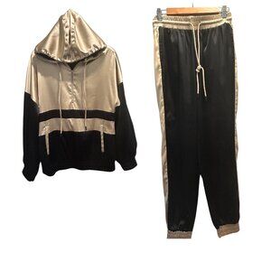 2 Piece Satin Colorblock Tracksuit -Black & Champagne -Sz Small